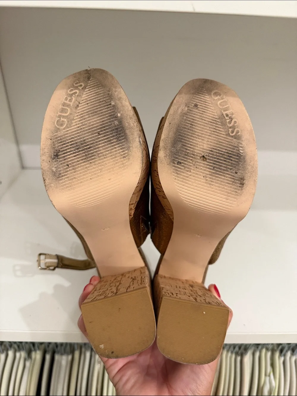 GUESS Metallic Bronze Open-Toe Cork Wedge Sandals